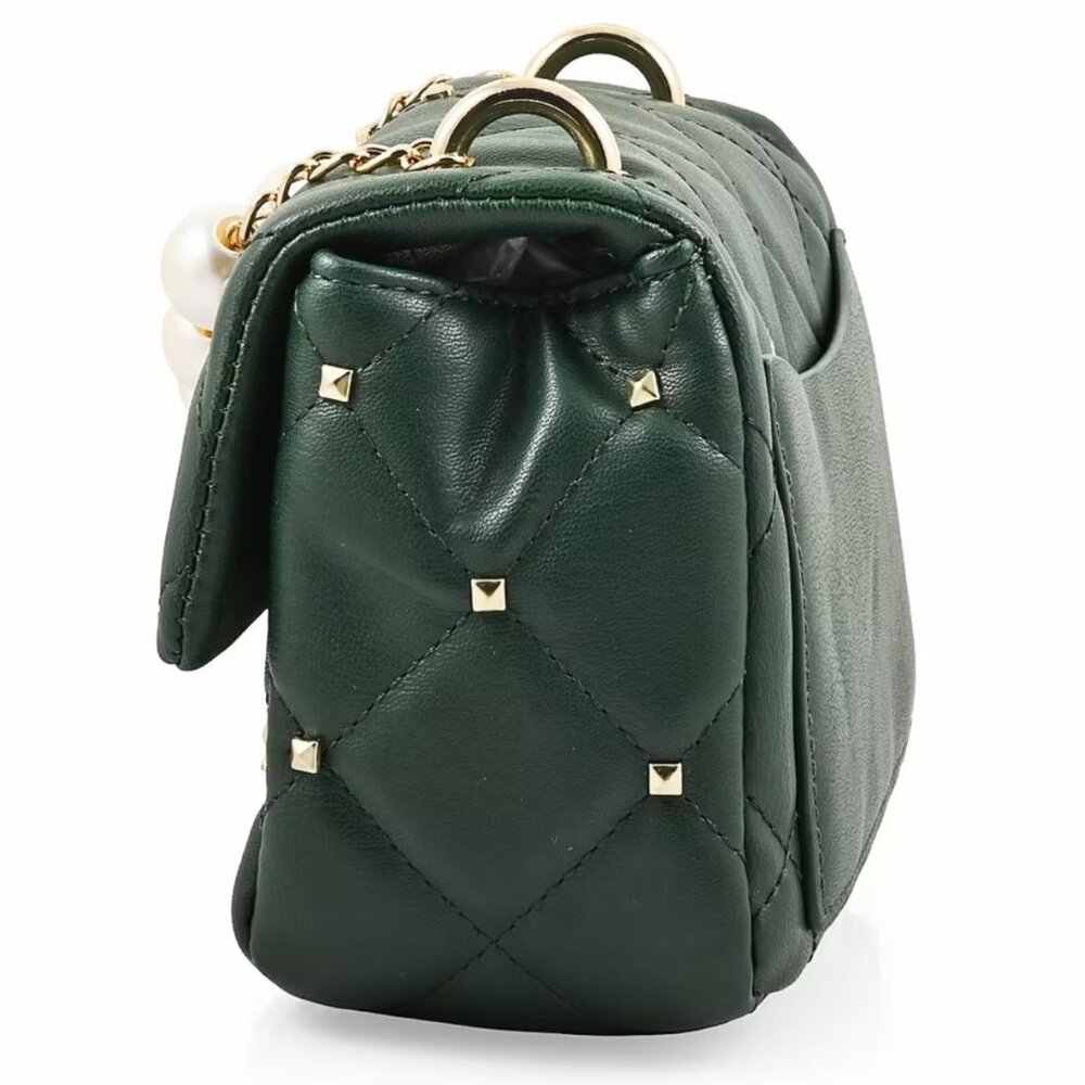 Badgley Mischka ✦ Pearl Crossbody Bag ✦ Green Quilted Vegan Leather Studded Flap - Picture 6 of 7